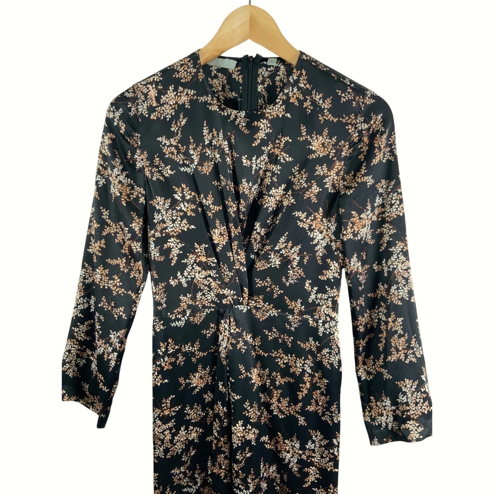 Vince Womens Eden Branch Twist Dress 2 Black 100% Silk Dark Floral Midi Longslve